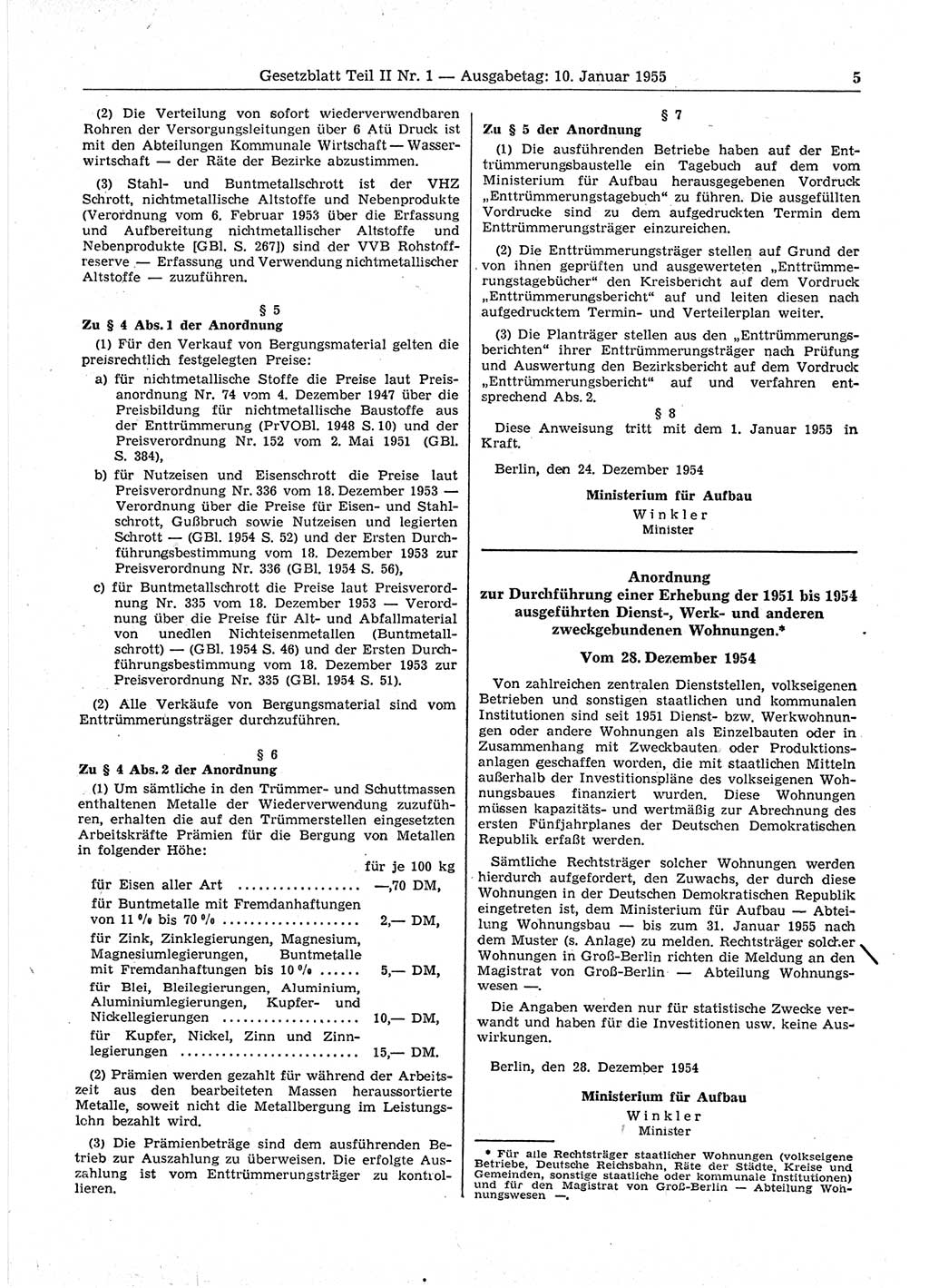 Gesetzblatt (GBl.) der Deutschen Demokratischen Republik (DDR) Teil ⅠⅠ 1955, Seite 5 (GBl. DDR ⅠⅠ 1955, S. 5)