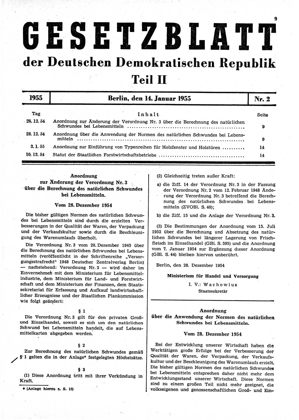 Gesetzblatt (GBl.) der Deutschen Demokratischen Republik (DDR) Teil ⅠⅠ 1955, Seite 9 (GBl. DDR ⅠⅠ 1955, S. 9)