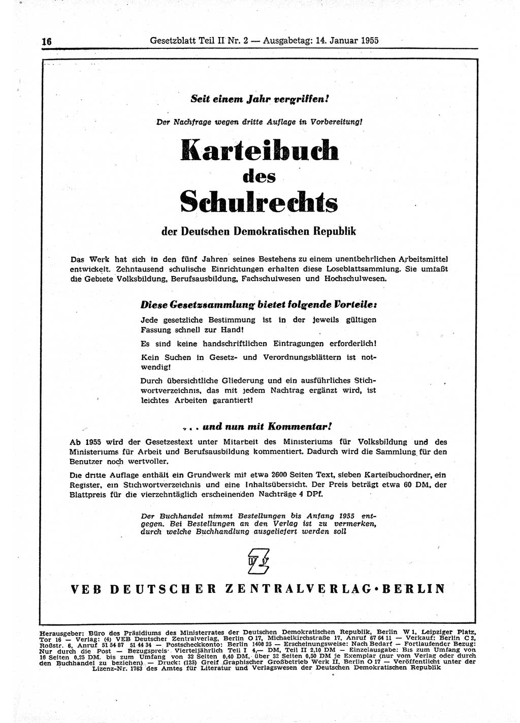 Gesetzblatt (GBl.) der Deutschen Demokratischen Republik (DDR) Teil ⅠⅠ 1955, Seite 16 (GBl. DDR ⅠⅠ 1955, S. 16)