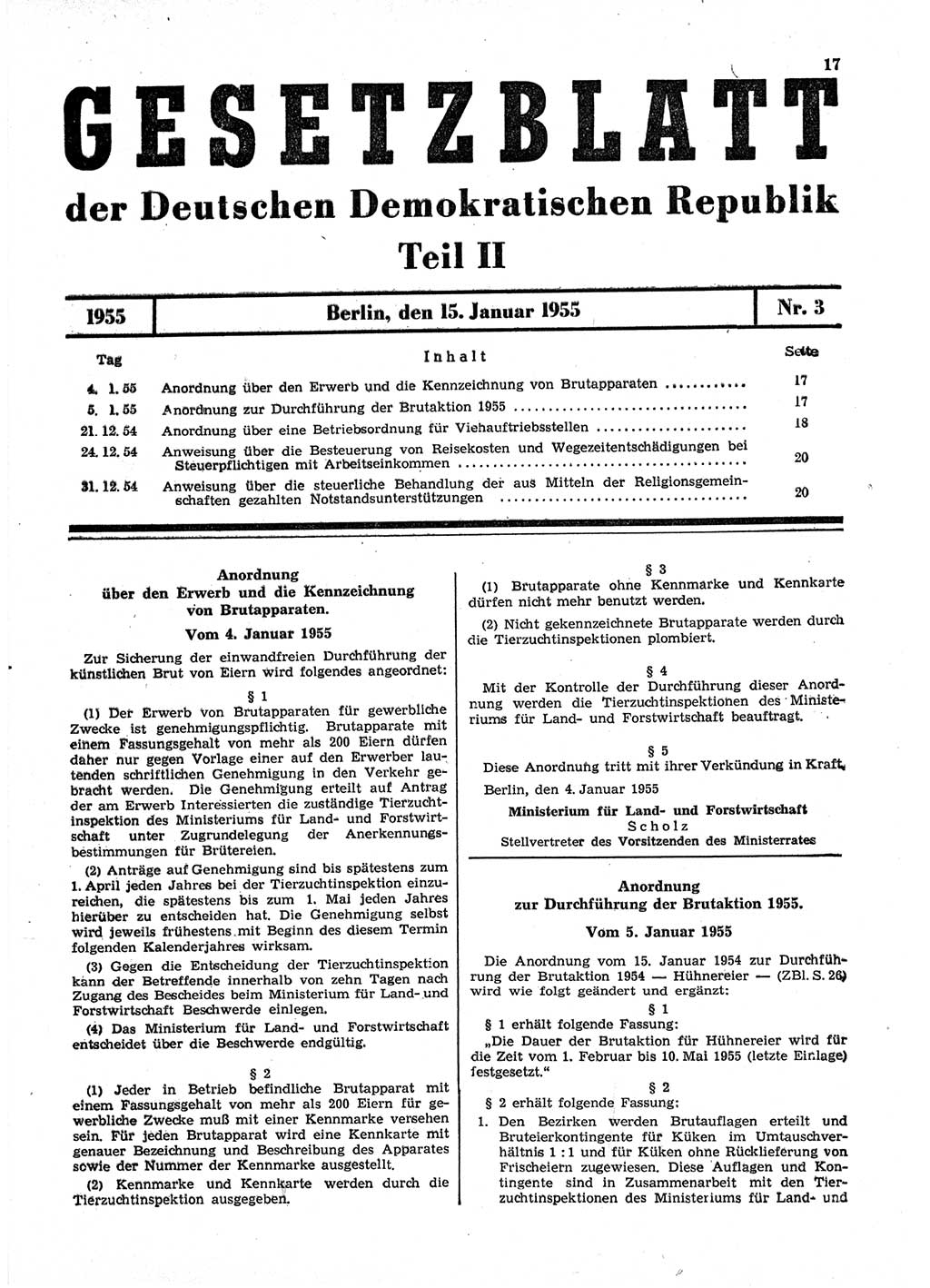 Gesetzblatt (GBl.) der Deutschen Demokratischen Republik (DDR) Teil ⅠⅠ 1955, Seite 17 (GBl. DDR ⅠⅠ 1955, S. 17)