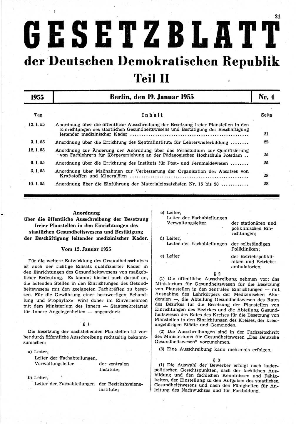 Gesetzblatt (GBl.) der Deutschen Demokratischen Republik (DDR) Teil ⅠⅠ 1955, Seite 21 (GBl. DDR ⅠⅠ 1955, S. 21)