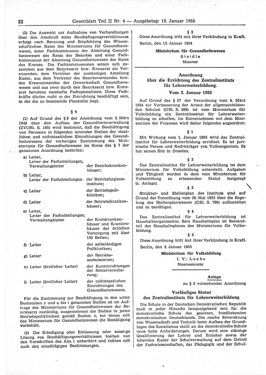 Gesetzblatt (GBl.) der Deutschen Demokratischen Republik (DDR) Teil ⅠⅠ 1955, Seite 22 (GBl. DDR ⅠⅠ 1955, S. 22)