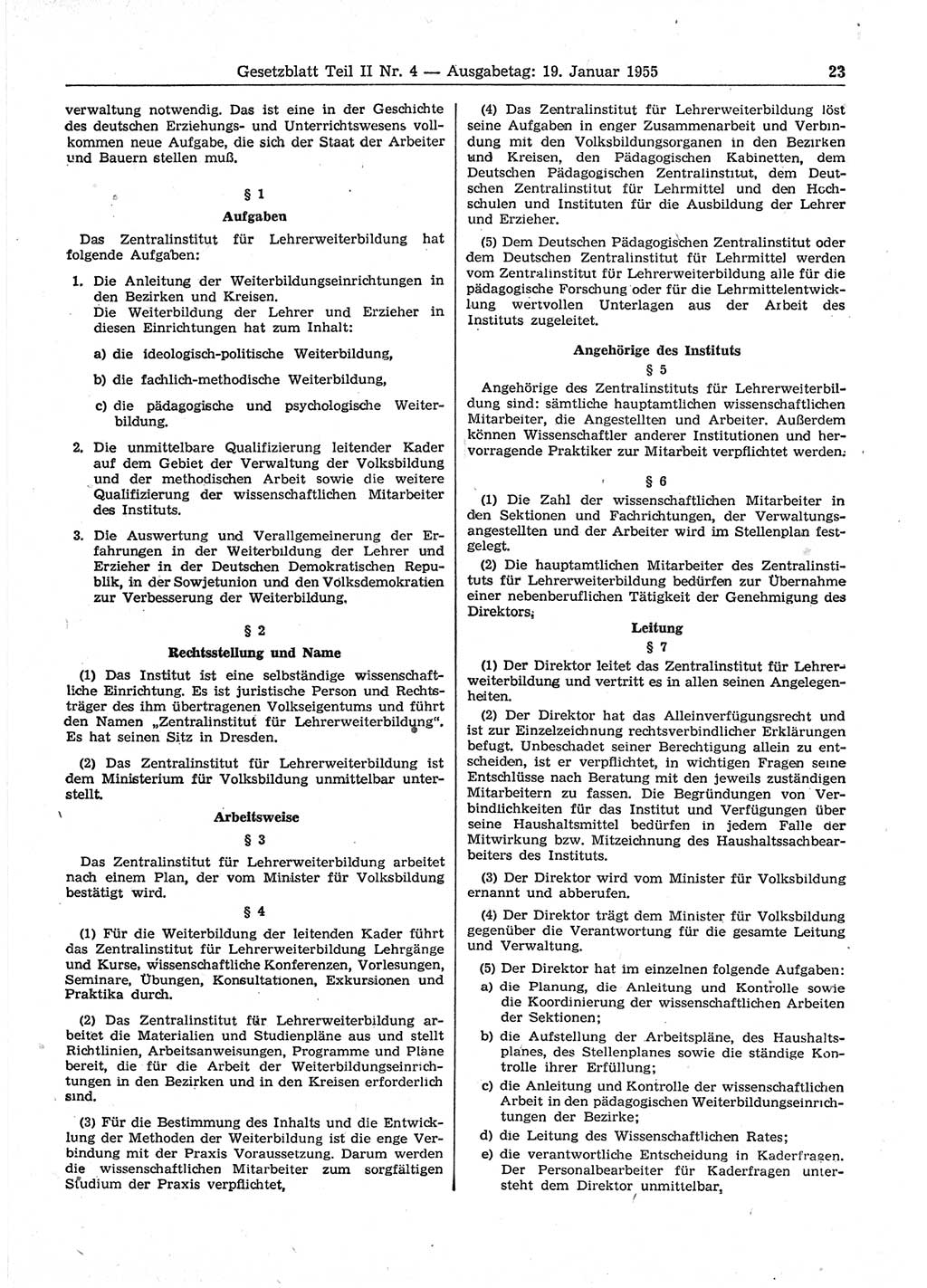 Gesetzblatt (GBl.) der Deutschen Demokratischen Republik (DDR) Teil ⅠⅠ 1955, Seite 23 (GBl. DDR ⅠⅠ 1955, S. 23)