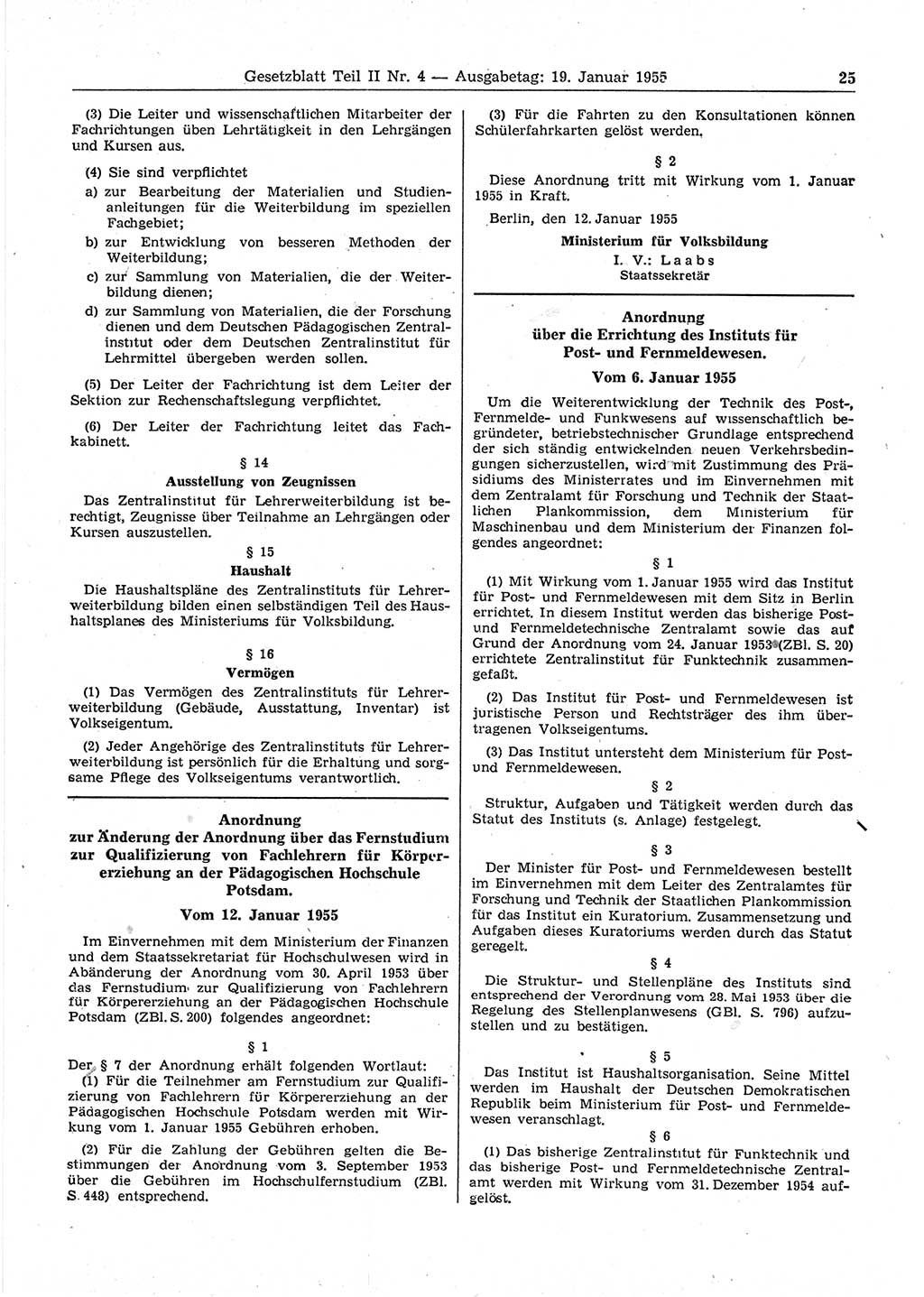 Gesetzblatt (GBl.) der Deutschen Demokratischen Republik (DDR) Teil ⅠⅠ 1955, Seite 25 (GBl. DDR ⅠⅠ 1955, S. 25)