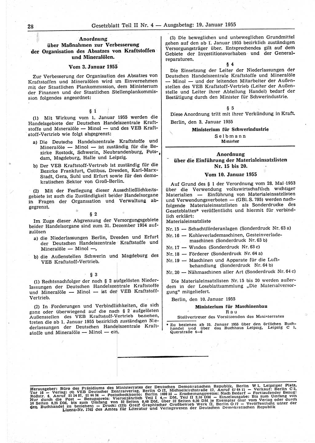 Gesetzblatt (GBl.) der Deutschen Demokratischen Republik (DDR) Teil ⅠⅠ 1955, Seite 28 (GBl. DDR ⅠⅠ 1955, S. 28)