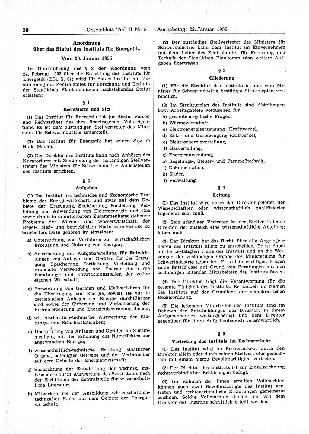 Gesetzblatt (GBl.) der Deutschen Demokratischen Republik (DDR) Teil ⅠⅠ 1955, Seite 30 (GBl. DDR ⅠⅠ 1955, S. 30)