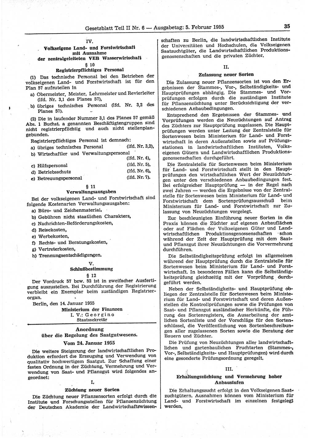 Gesetzblatt (GBl.) der Deutschen Demokratischen Republik (DDR) Teil ⅠⅠ 1955, Seite 35 (GBl. DDR ⅠⅠ 1955, S. 35)