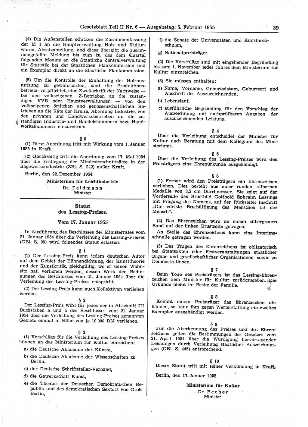 Gesetzblatt (GBl.) der Deutschen Demokratischen Republik (DDR) Teil ⅠⅠ 1955, Seite 39 (GBl. DDR ⅠⅠ 1955, S. 39)