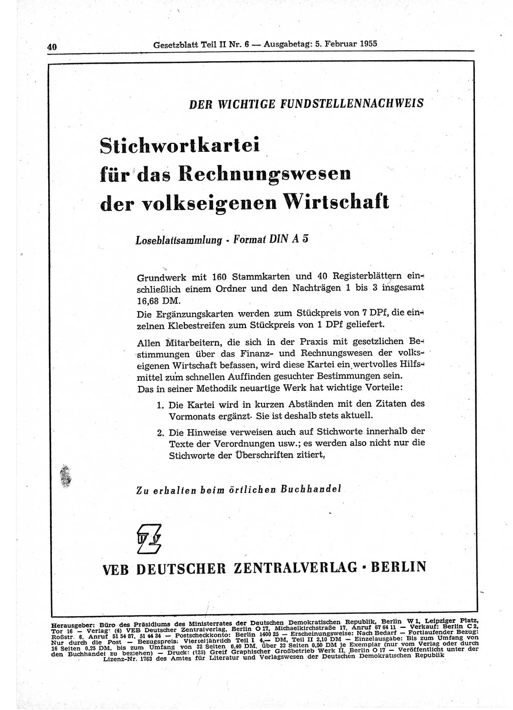 Gesetzblatt (GBl.) der Deutschen Demokratischen Republik (DDR) Teil ⅠⅠ 1955, Seite 40 (GBl. DDR ⅠⅠ 1955, S. 40)