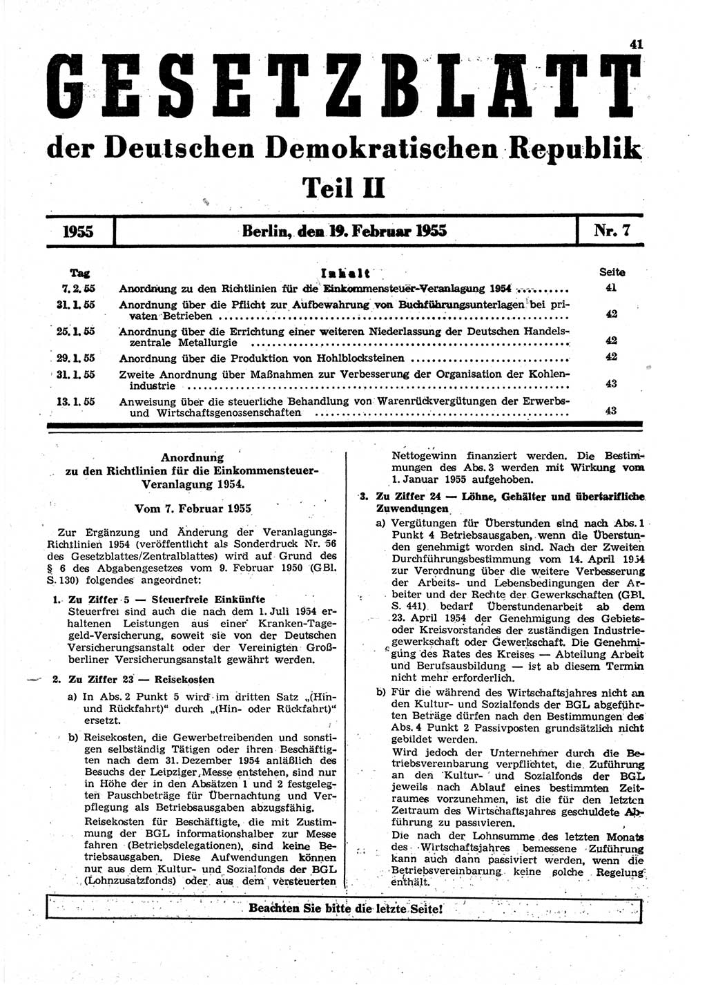 Gesetzblatt (GBl.) der Deutschen Demokratischen Republik (DDR) Teil ⅠⅠ 1955, Seite 41 (GBl. DDR ⅠⅠ 1955, S. 41)