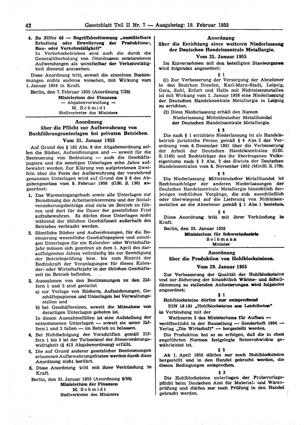 Gesetzblatt (GBl.) der Deutschen Demokratischen Republik (DDR) Teil ⅠⅠ 1955, Seite 42 (GBl. DDR ⅠⅠ 1955, S. 42)