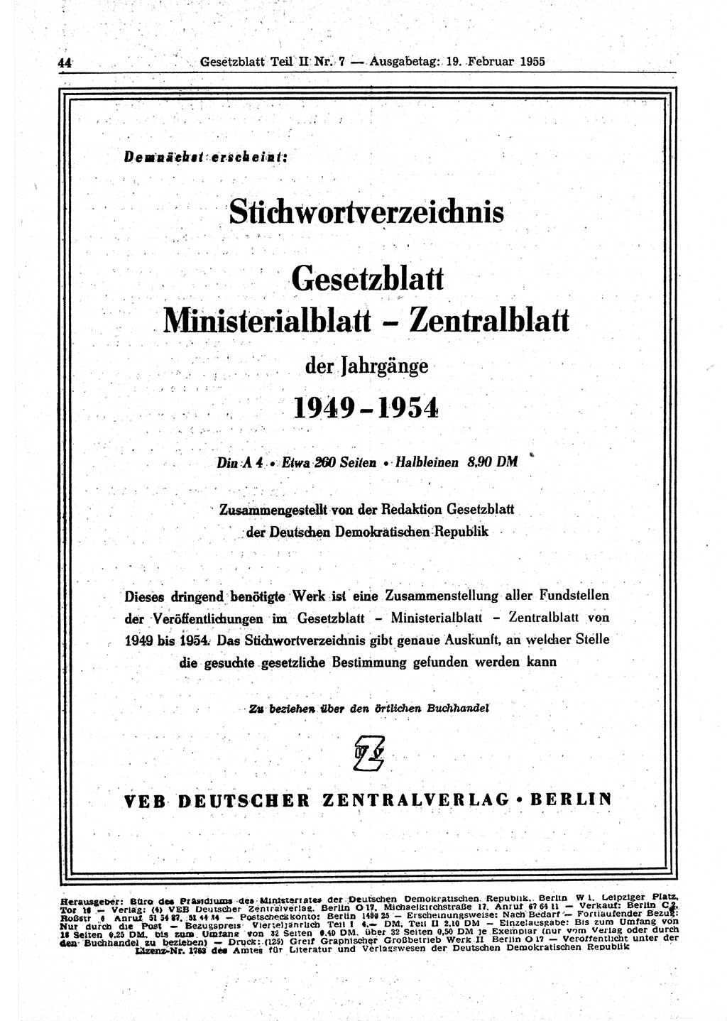 Gesetzblatt (GBl.) der Deutschen Demokratischen Republik (DDR) Teil ⅠⅠ 1955, Seite 44 (GBl. DDR ⅠⅠ 1955, S. 44)