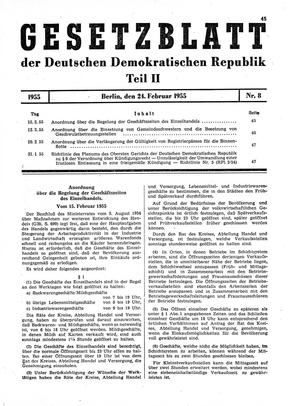 Gesetzblatt (GBl.) der Deutschen Demokratischen Republik (DDR) Teil ⅠⅠ 1955, Seite 45 (GBl. DDR ⅠⅠ 1955, S. 45)