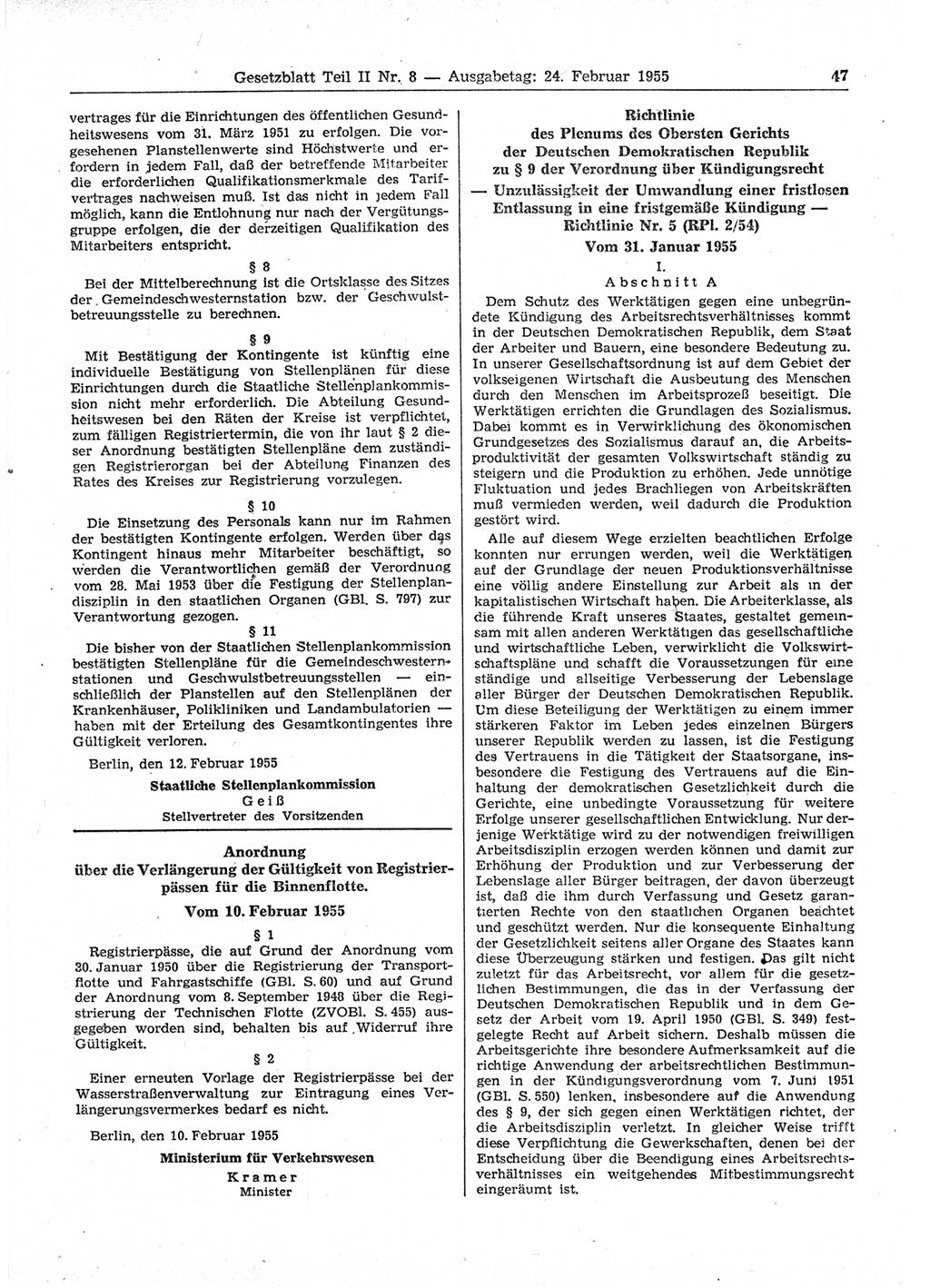 Gesetzblatt (GBl.) der Deutschen Demokratischen Republik (DDR) Teil ⅠⅠ 1955, Seite 47 (GBl. DDR ⅠⅠ 1955, S. 47)