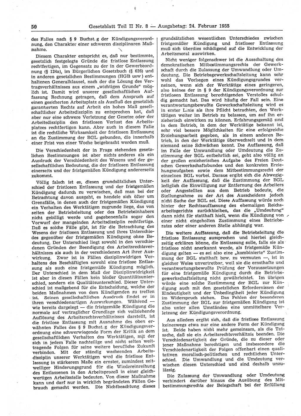 Gesetzblatt (GBl.) der Deutschen Demokratischen Republik (DDR) Teil ⅠⅠ 1955, Seite 50 (GBl. DDR ⅠⅠ 1955, S. 50)