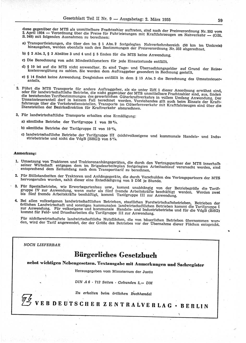 Gesetzblatt (GBl.) der Deutschen Demokratischen Republik (DDR) Teil ⅠⅠ 1955, Seite 59 (GBl. DDR ⅠⅠ 1955, S. 59)