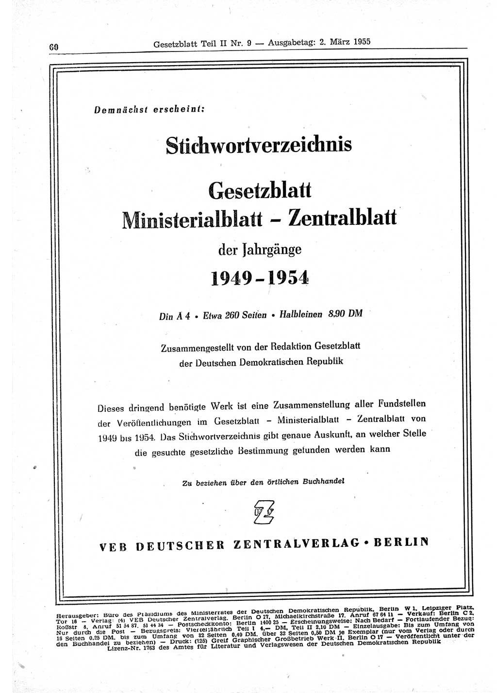 Gesetzblatt (GBl.) der Deutschen Demokratischen Republik (DDR) Teil ⅠⅠ 1955, Seite 60 (GBl. DDR ⅠⅠ 1955, S. 60)