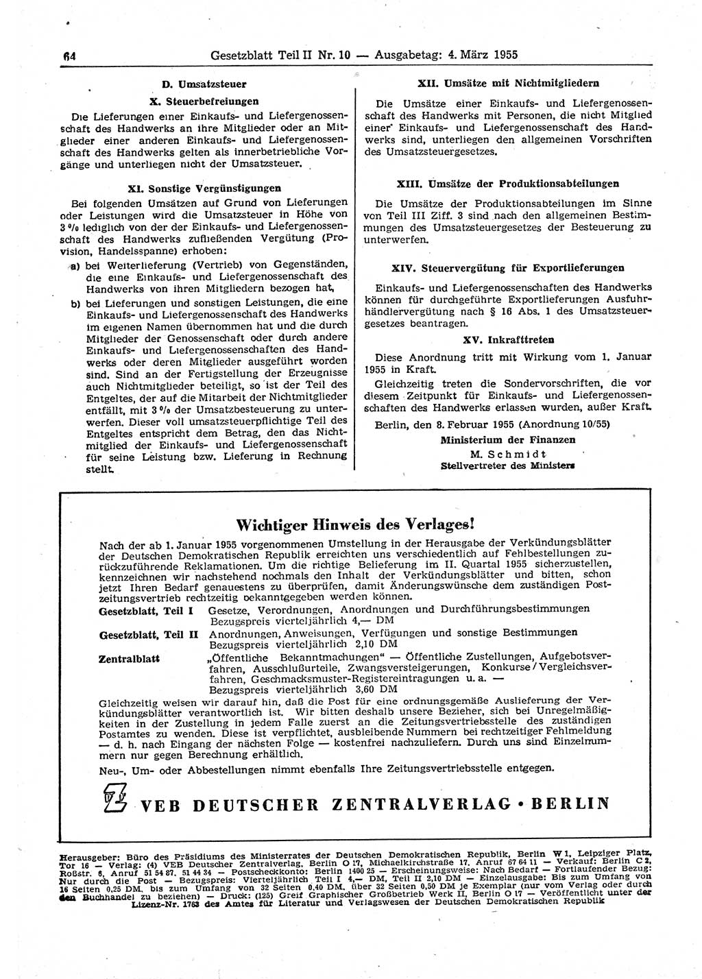 Gesetzblatt (GBl.) der Deutschen Demokratischen Republik (DDR) Teil ⅠⅠ 1955, Seite 64 (GBl. DDR ⅠⅠ 1955, S. 64)