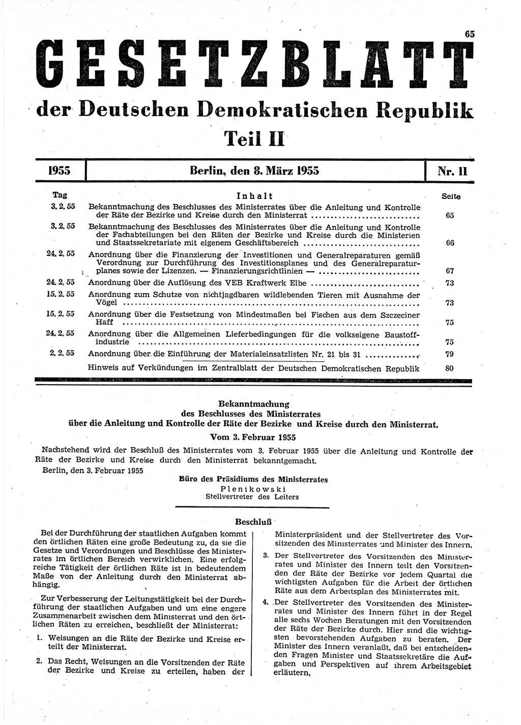 Gesetzblatt (GBl.) der Deutschen Demokratischen Republik (DDR) Teil ⅠⅠ 1955, Seite 65 (GBl. DDR ⅠⅠ 1955, S. 65)