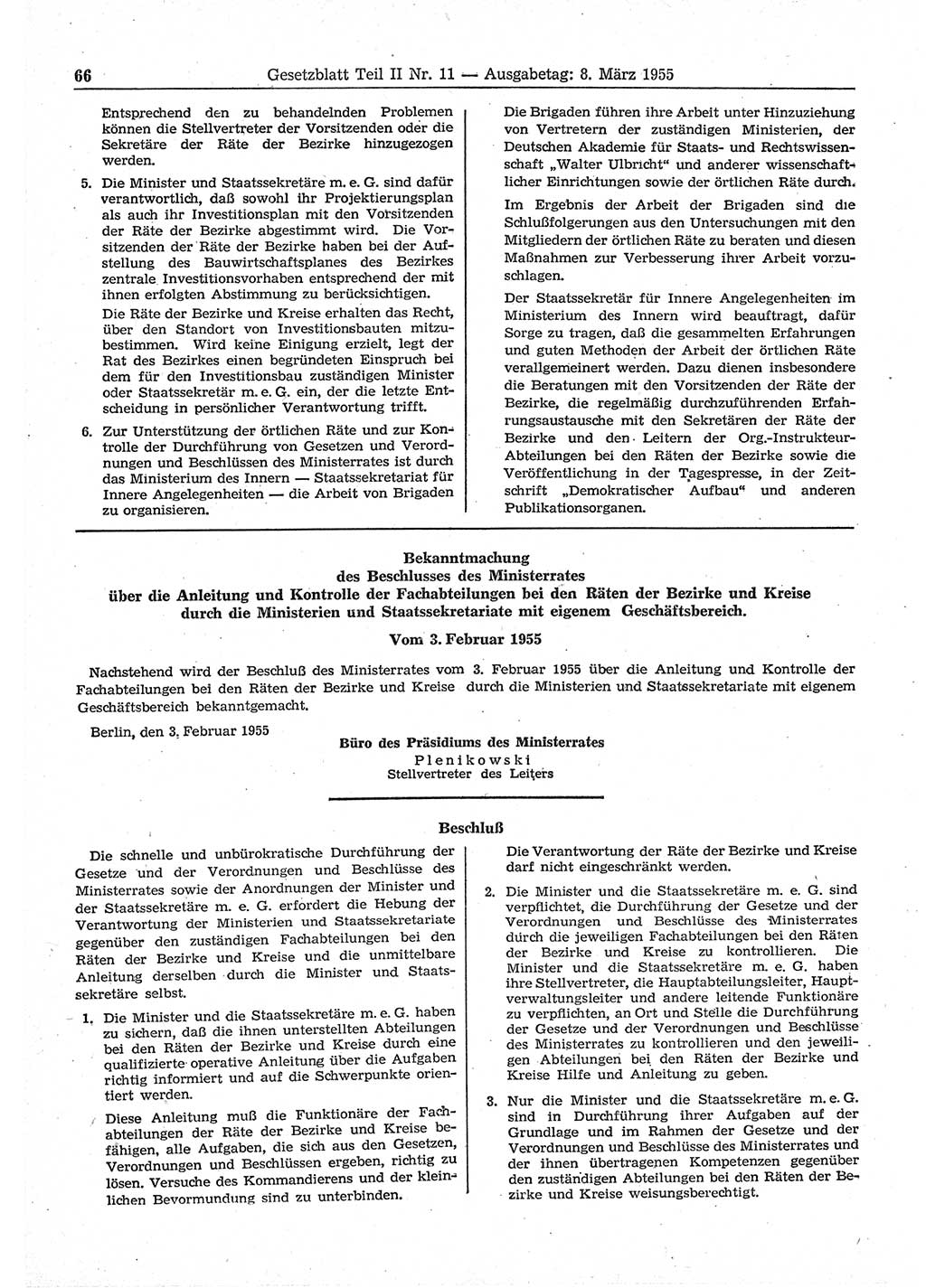 Gesetzblatt (GBl.) der Deutschen Demokratischen Republik (DDR) Teil ⅠⅠ 1955, Seite 66 (GBl. DDR ⅠⅠ 1955, S. 66)