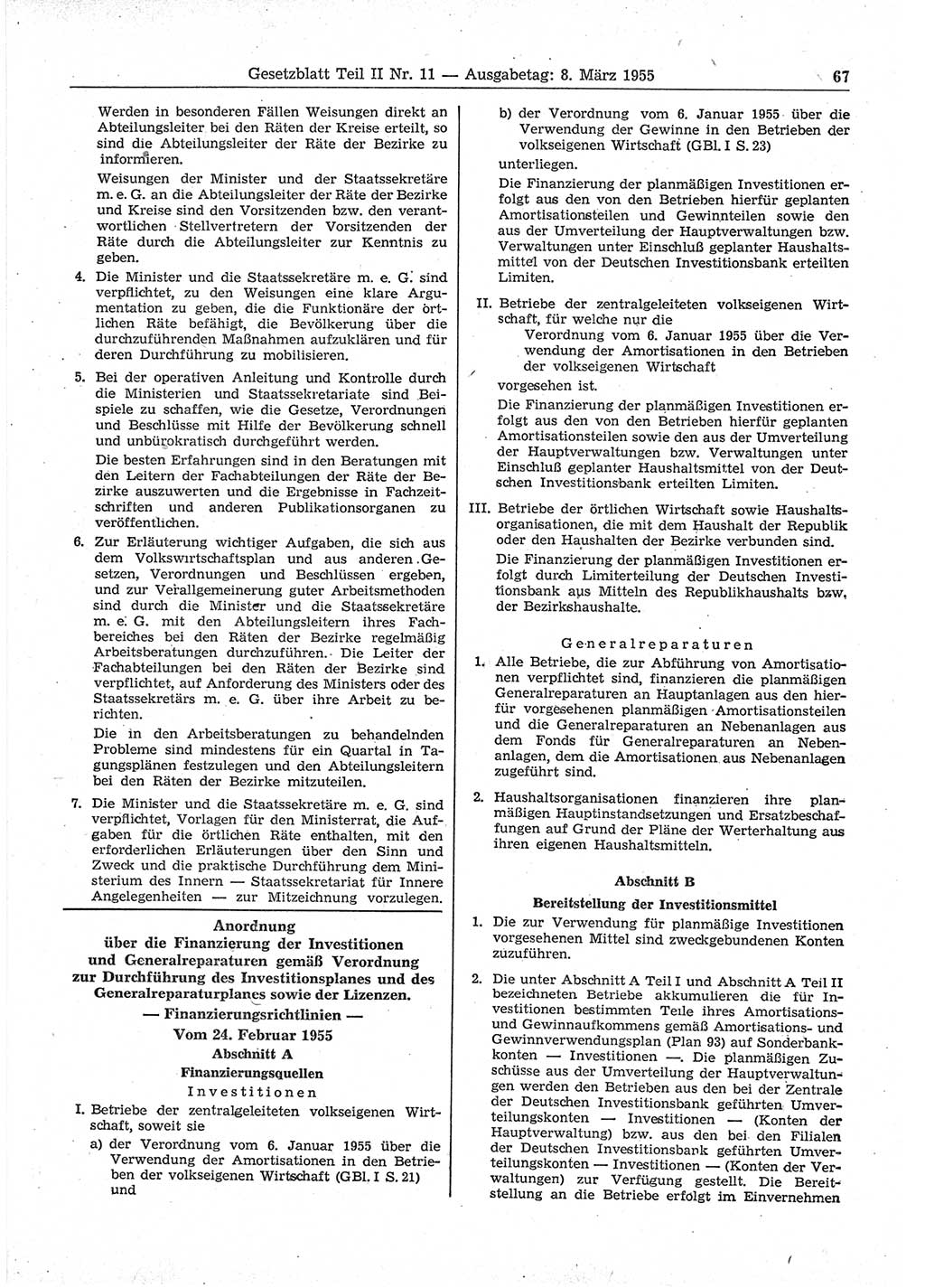 Gesetzblatt (GBl.) der Deutschen Demokratischen Republik (DDR) Teil ⅠⅠ 1955, Seite 67 (GBl. DDR ⅠⅠ 1955, S. 67)