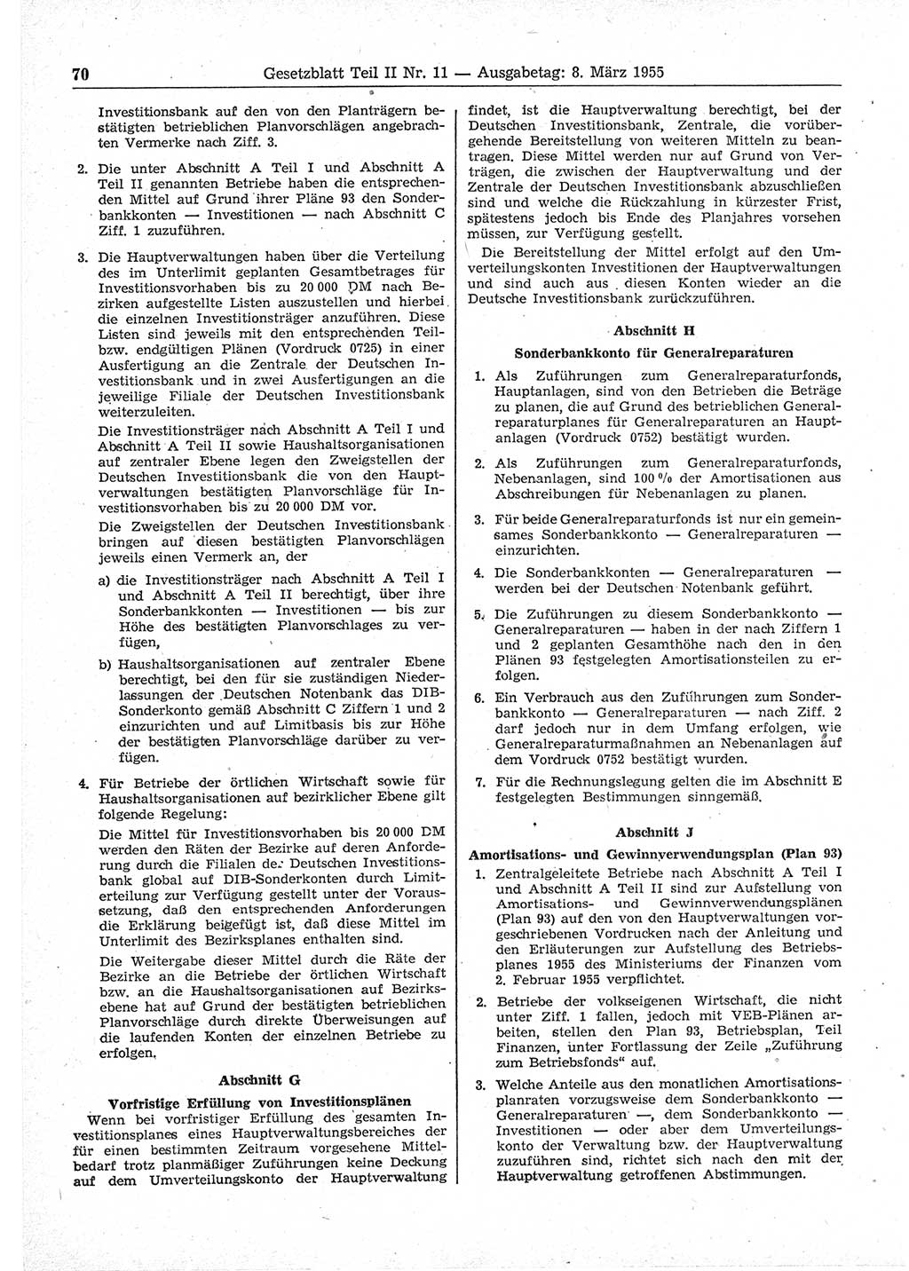 Gesetzblatt (GBl.) der Deutschen Demokratischen Republik (DDR) Teil ⅠⅠ 1955, Seite 70 (GBl. DDR ⅠⅠ 1955, S. 70)