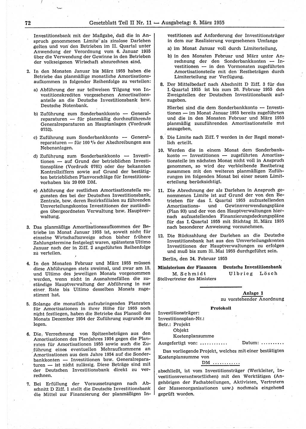 Gesetzblatt (GBl.) der Deutschen Demokratischen Republik (DDR) Teil ⅠⅠ 1955, Seite 72 (GBl. DDR ⅠⅠ 1955, S. 72)