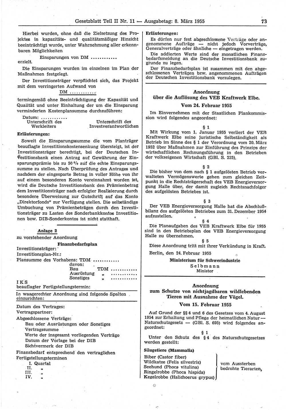 Gesetzblatt (GBl.) der Deutschen Demokratischen Republik (DDR) Teil ⅠⅠ 1955, Seite 73 (GBl. DDR ⅠⅠ 1955, S. 73)