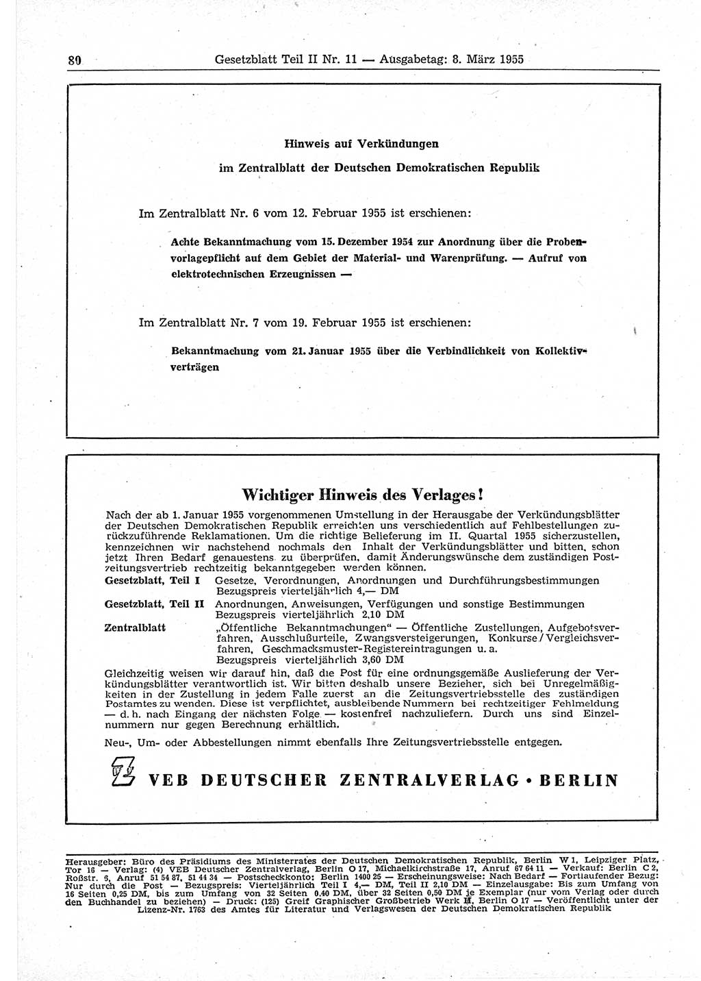 Gesetzblatt (GBl.) der Deutschen Demokratischen Republik (DDR) Teil ⅠⅠ 1955, Seite 80 (GBl. DDR ⅠⅠ 1955, S. 80)