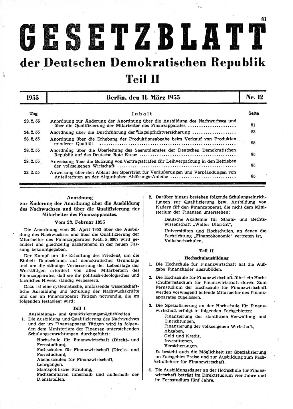Gesetzblatt (GBl.) der Deutschen Demokratischen Republik (DDR) Teil ⅠⅠ 1955, Seite 81 (GBl. DDR ⅠⅠ 1955, S. 81)