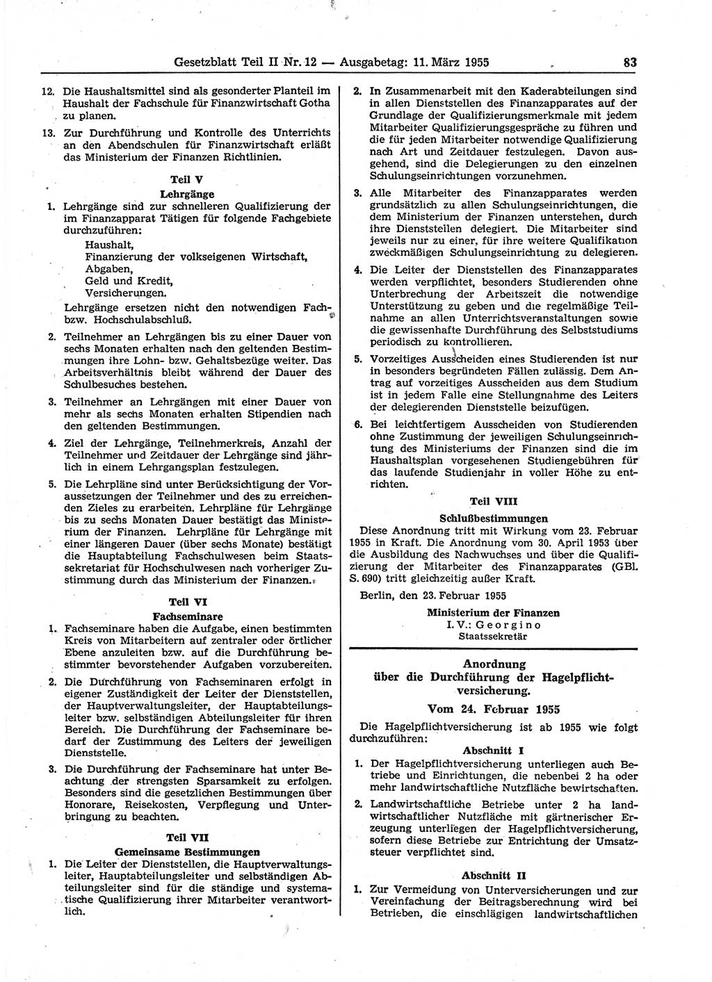 Gesetzblatt (GBl.) der Deutschen Demokratischen Republik (DDR) Teil ⅠⅠ 1955, Seite 83 (GBl. DDR ⅠⅠ 1955, S. 83)