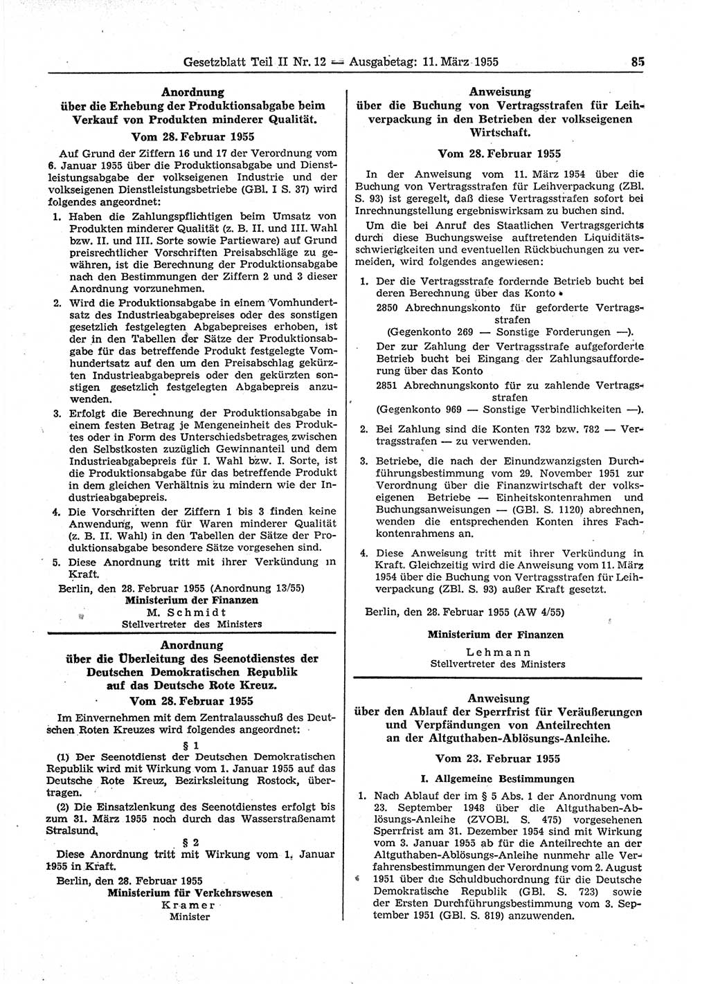 Gesetzblatt (GBl.) der Deutschen Demokratischen Republik (DDR) Teil ⅠⅠ 1955, Seite 85 (GBl. DDR ⅠⅠ 1955, S. 85)