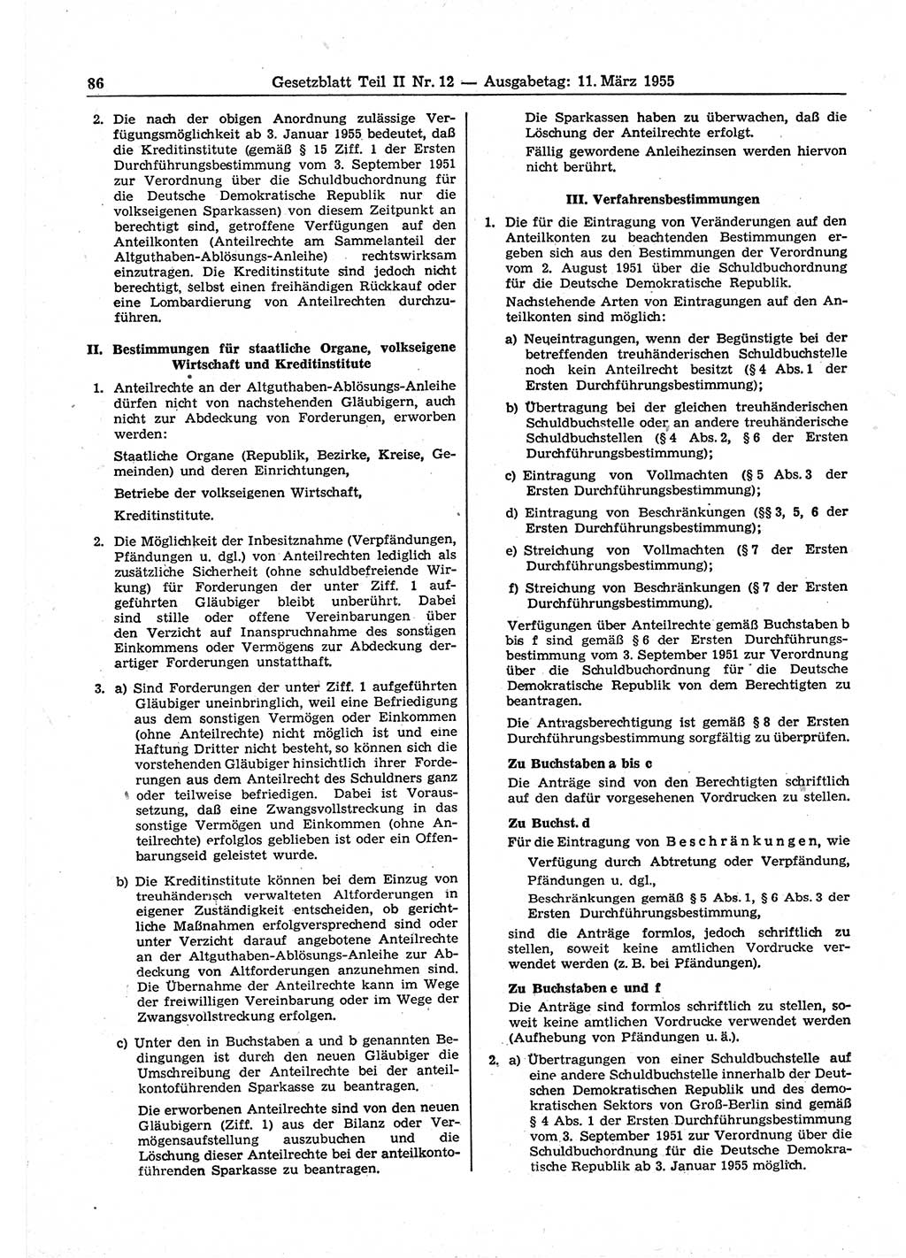 Gesetzblatt (GBl.) der Deutschen Demokratischen Republik (DDR) Teil ⅠⅠ 1955, Seite 86 (GBl. DDR ⅠⅠ 1955, S. 86)