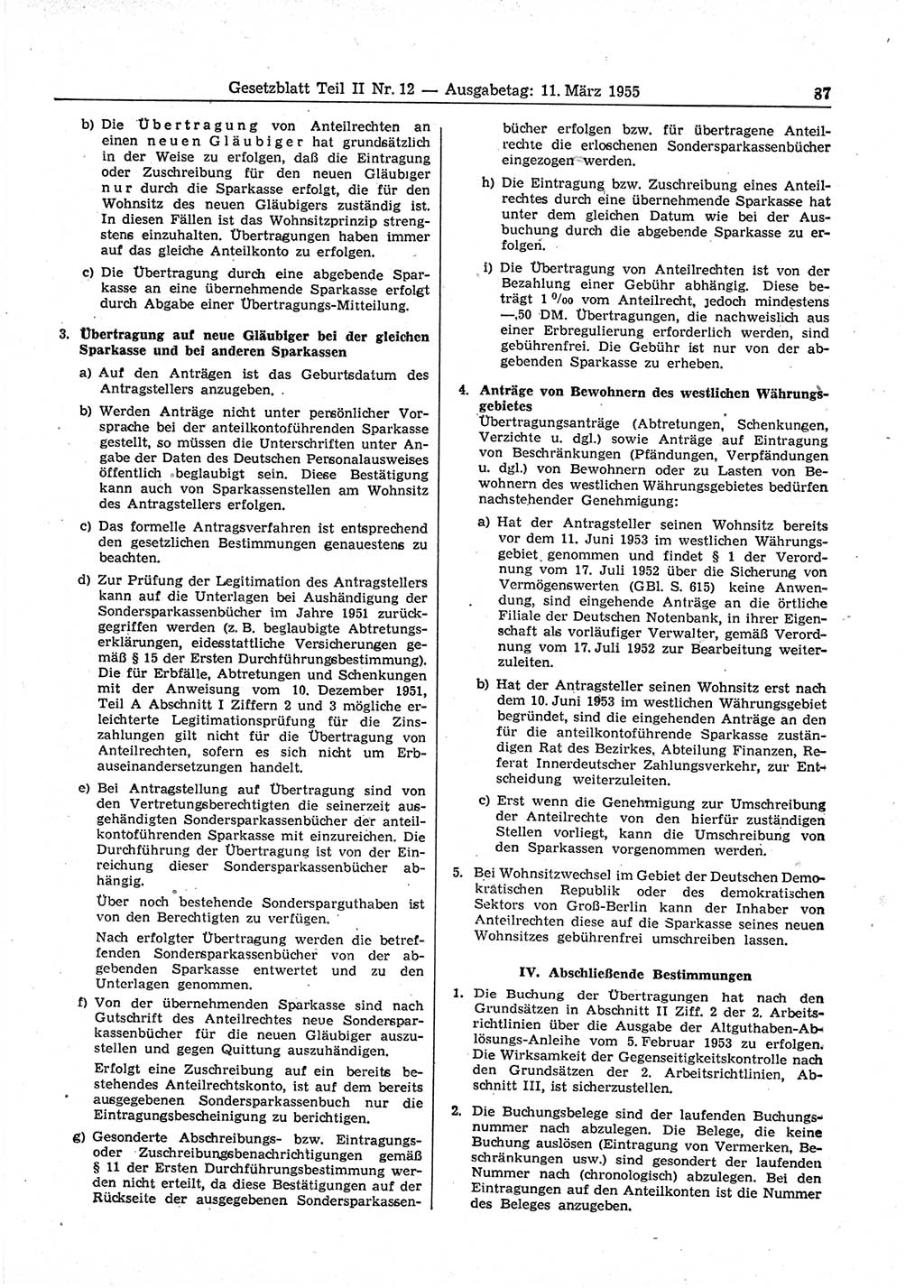 Gesetzblatt (GBl.) der Deutschen Demokratischen Republik (DDR) Teil ⅠⅠ 1955, Seite 87 (GBl. DDR ⅠⅠ 1955, S. 87)