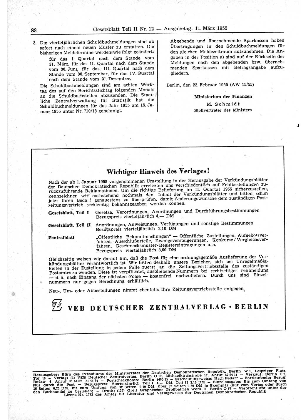 Gesetzblatt (GBl.) der Deutschen Demokratischen Republik (DDR) Teil ⅠⅠ 1955, Seite 88 (GBl. DDR ⅠⅠ 1955, S. 88)