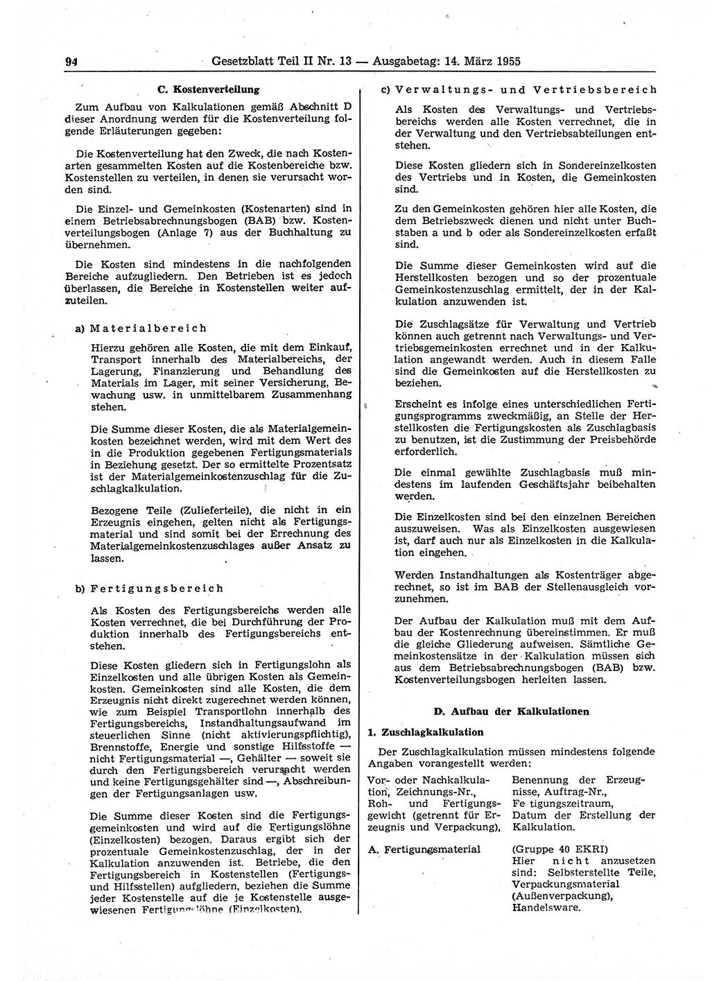 Gesetzblatt (GBl.) der Deutschen Demokratischen Republik (DDR) Teil ⅠⅠ 1955, Seite 94 (GBl. DDR ⅠⅠ 1955, S. 94)