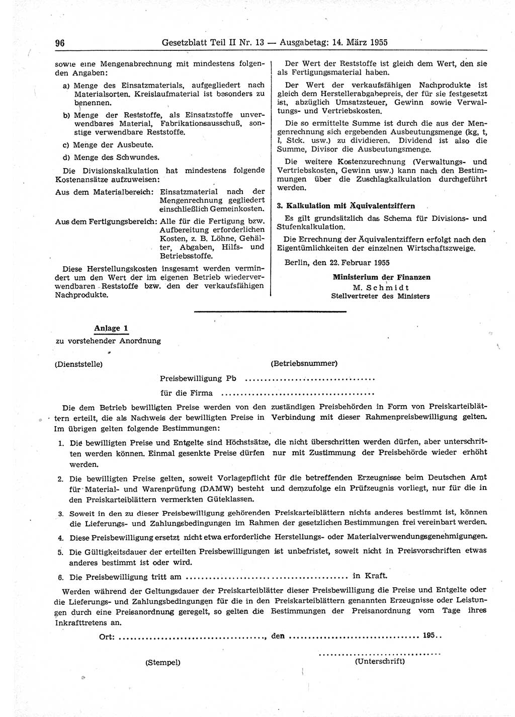 Gesetzblatt (GBl.) der Deutschen Demokratischen Republik (DDR) Teil ⅠⅠ 1955, Seite 96 (GBl. DDR ⅠⅠ 1955, S. 96)
