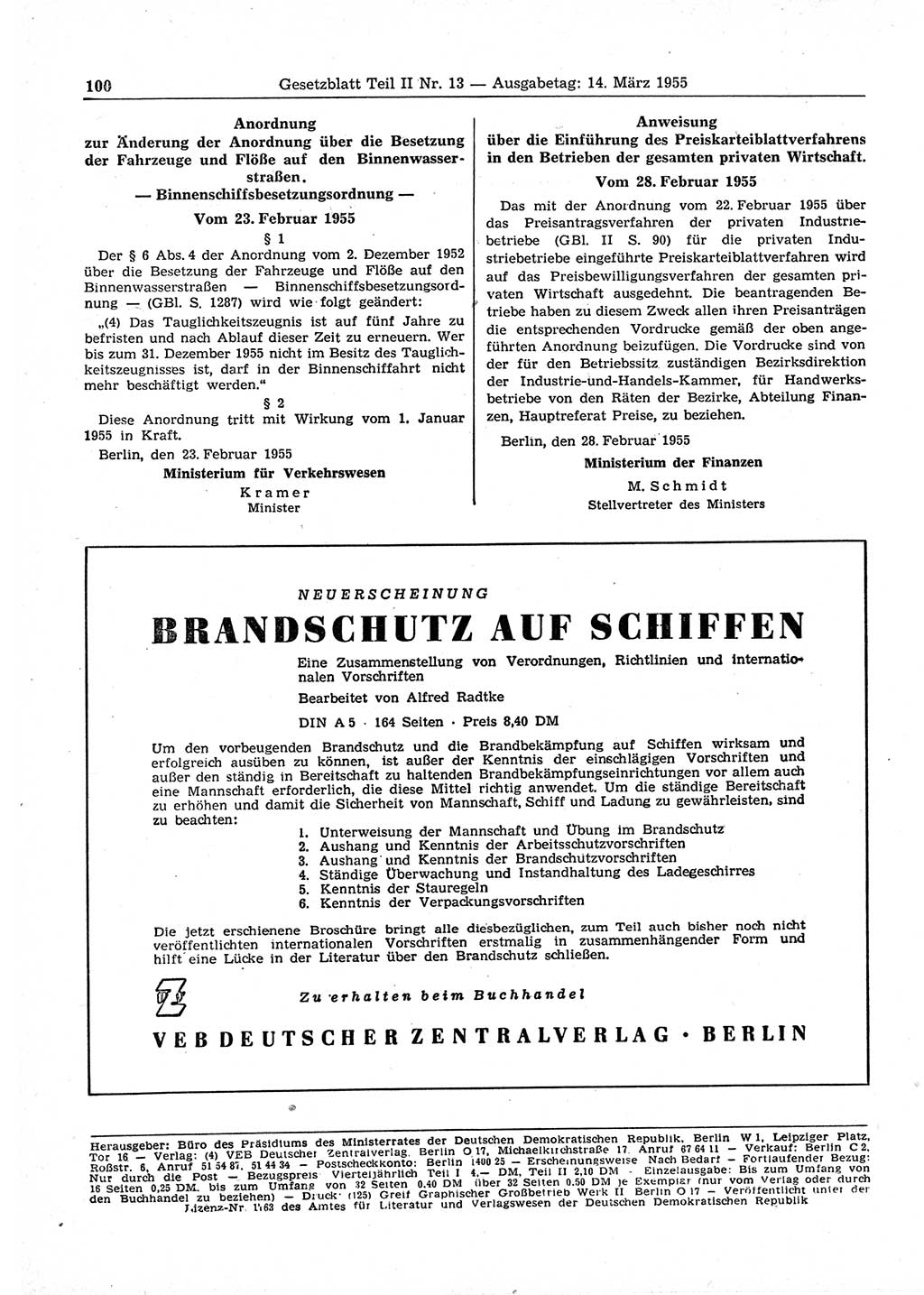 Gesetzblatt (GBl.) der Deutschen Demokratischen Republik (DDR) Teil ⅠⅠ 1955, Seite 100 (GBl. DDR ⅠⅠ 1955, S. 100)