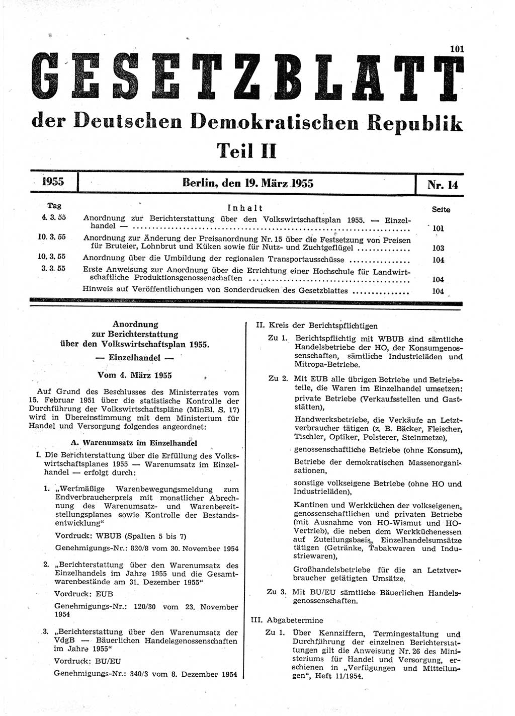 Gesetzblatt (GBl.) der Deutschen Demokratischen Republik (DDR) Teil ⅠⅠ 1955, Seite 101 (GBl. DDR ⅠⅠ 1955, S. 101)