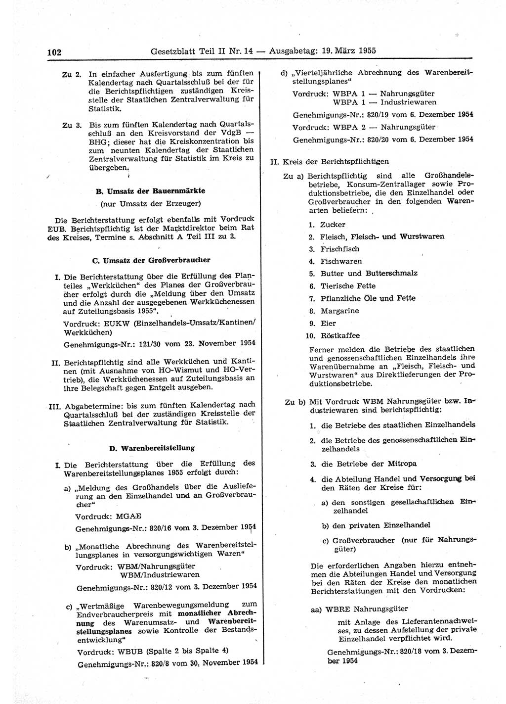 Gesetzblatt (GBl.) der Deutschen Demokratischen Republik (DDR) Teil ⅠⅠ 1955, Seite 102 (GBl. DDR ⅠⅠ 1955, S. 102)