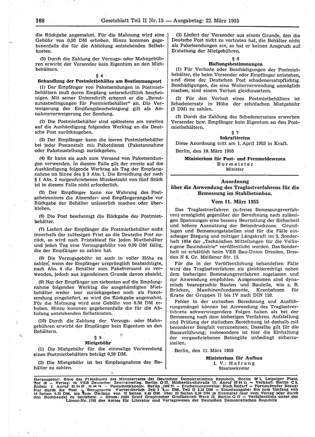 Gesetzblatt (GBl.) der Deutschen Demokratischen Republik (DDR) Teil ⅠⅠ 1955, Seite 108 (GBl. DDR ⅠⅠ 1955, S. 108)
