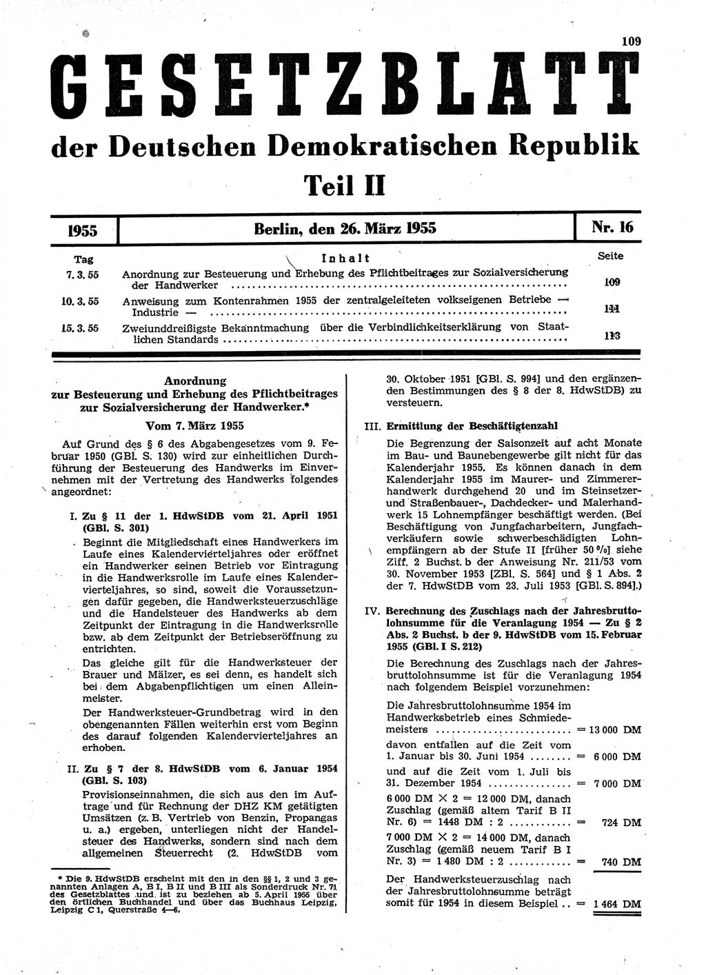 Gesetzblatt (GBl.) der Deutschen Demokratischen Republik (DDR) Teil ⅠⅠ 1955, Seite 109 (GBl. DDR ⅠⅠ 1955, S. 109)