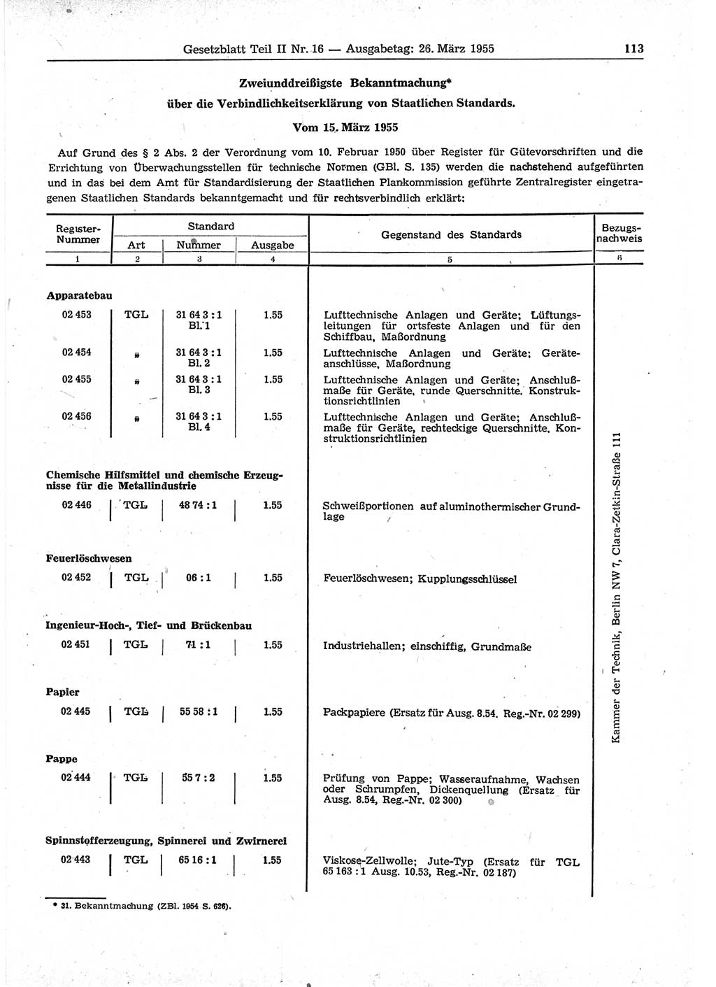 Gesetzblatt (GBl.) der Deutschen Demokratischen Republik (DDR) Teil ⅠⅠ 1955, Seite 113 (GBl. DDR ⅠⅠ 1955, S. 113)