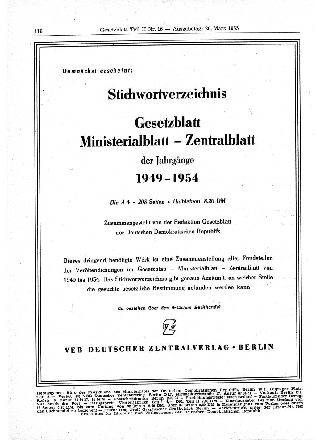 Gesetzblatt (GBl.) der Deutschen Demokratischen Republik (DDR) Teil ⅠⅠ 1955, Seite 116 (GBl. DDR ⅠⅠ 1955, S. 116)