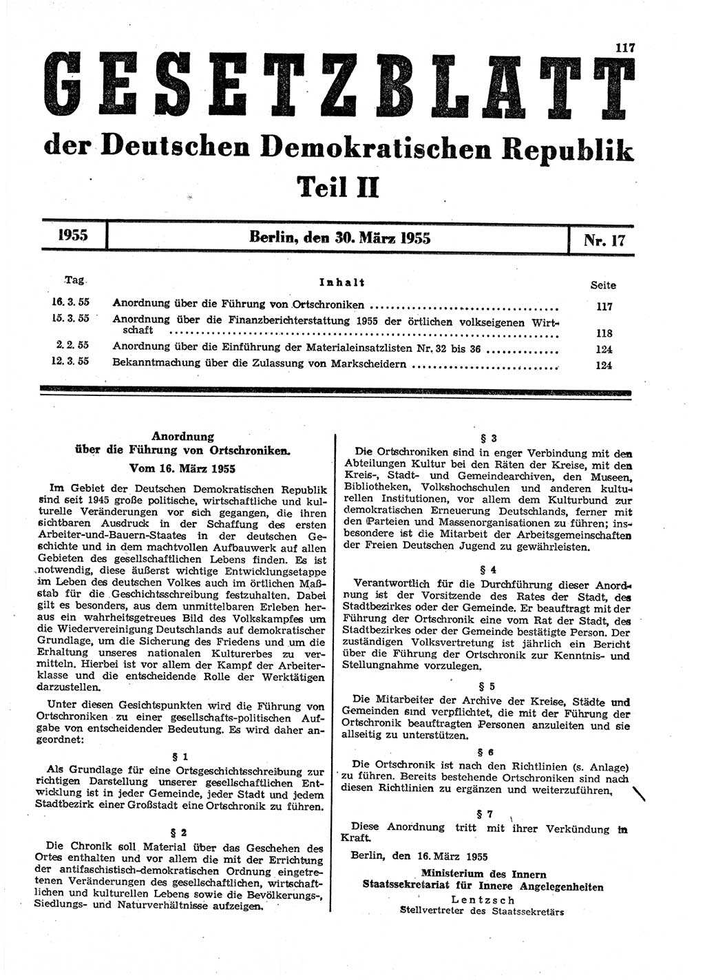 Gesetzblatt (GBl.) der Deutschen Demokratischen Republik (DDR) Teil ⅠⅠ 1955, Seite 117 (GBl. DDR ⅠⅠ 1955, S. 117)