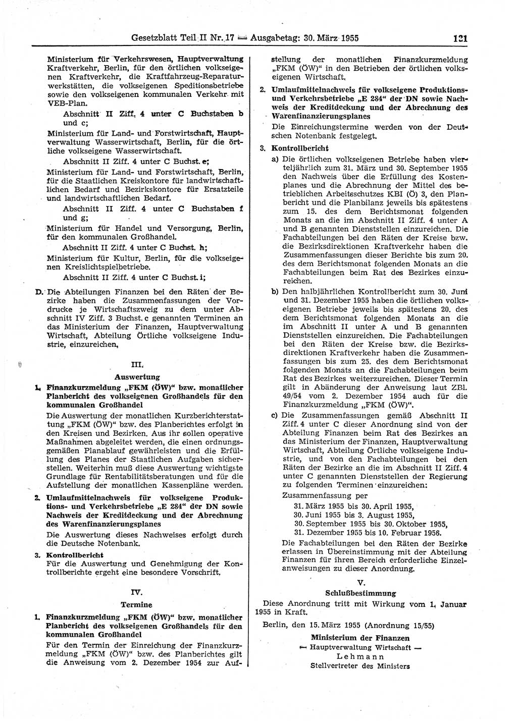 Gesetzblatt (GBl.) der Deutschen Demokratischen Republik (DDR) Teil ⅠⅠ 1955, Seite 121 (GBl. DDR ⅠⅠ 1955, S. 121)