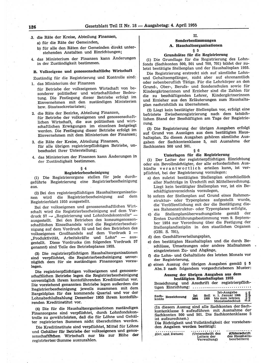 Gesetzblatt (GBl.) der Deutschen Demokratischen Republik (DDR) Teil ⅠⅠ 1955, Seite 126 (GBl. DDR ⅠⅠ 1955, S. 126)