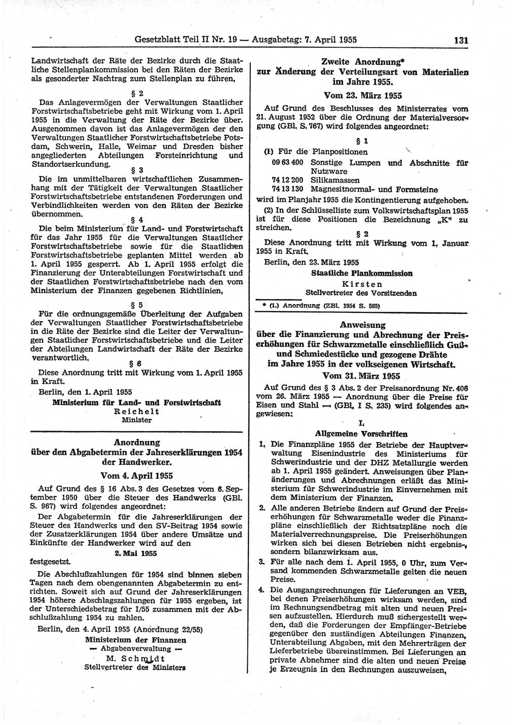 Gesetzblatt (GBl.) der Deutschen Demokratischen Republik (DDR) Teil ⅠⅠ 1955, Seite 131 (GBl. DDR ⅠⅠ 1955, S. 131)