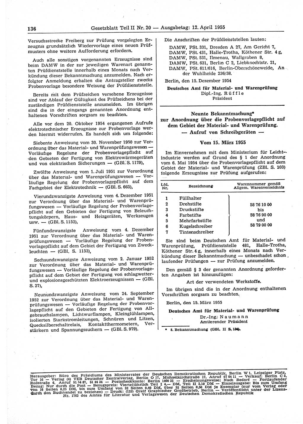 Gesetzblatt (GBl.) der Deutschen Demokratischen Republik (DDR) Teil ⅠⅠ 1955, Seite 136 (GBl. DDR ⅠⅠ 1955, S. 136)
