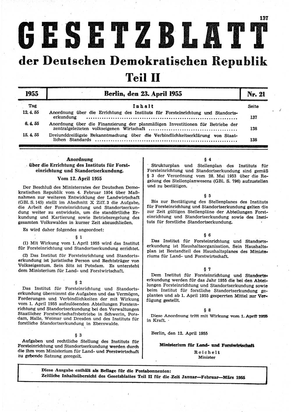 Gesetzblatt (GBl.) der Deutschen Demokratischen Republik (DDR) Teil ⅠⅠ 1955, Seite 137 (GBl. DDR ⅠⅠ 1955, S. 137)